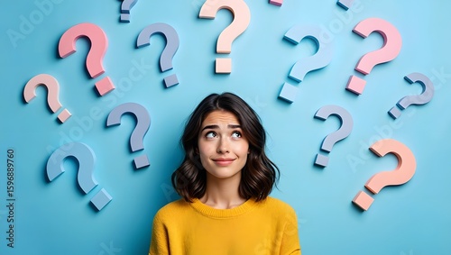 Young Woman Pondering Surrounded by Question Marks - Conceptual Image of Doubt and Uncertainty