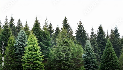 dark and light green fir trees in isolated on white forest