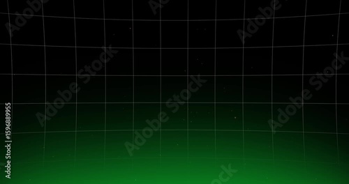 Video of a grid moving vertically on a black background with a green glow at the bottom and particles coming out from below.