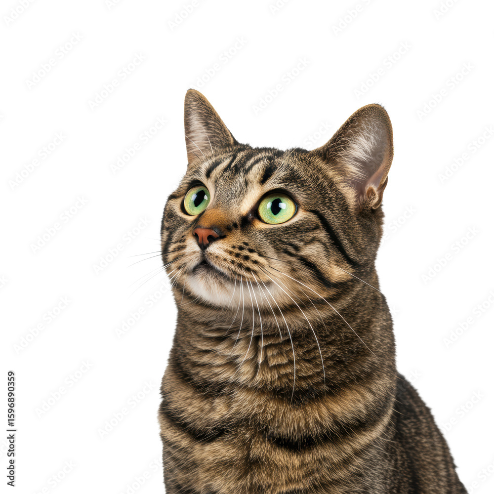 Obraz premium Domestic tabby cat with detailed brown and black striped fur and vivid yellow-green eyes, gazing attentively on a clean white studio background with copy space, professional commercial photoshoot
