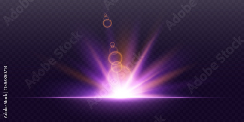 Solar flare with rays. Purple glow effect. Vector illustration.