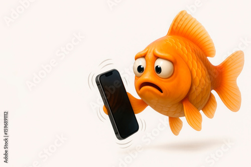 A goldfish with a frightened face holds a smartphone on a white background. Space for text.