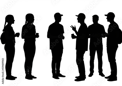 Silhouette of a group of people standing and conversing with drinks in their hands on a white background created with generated ai