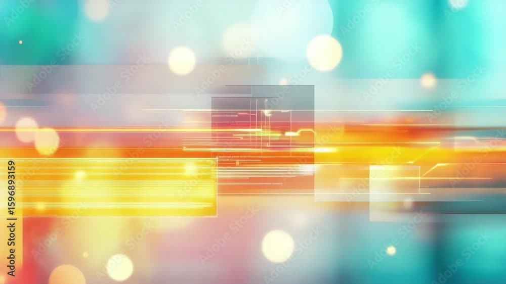 Abstract digital background with colorful light streaks and bokeh effects. The scene features vibrant hues of blue, orange, and yellow, creating a dynamic visual experience.