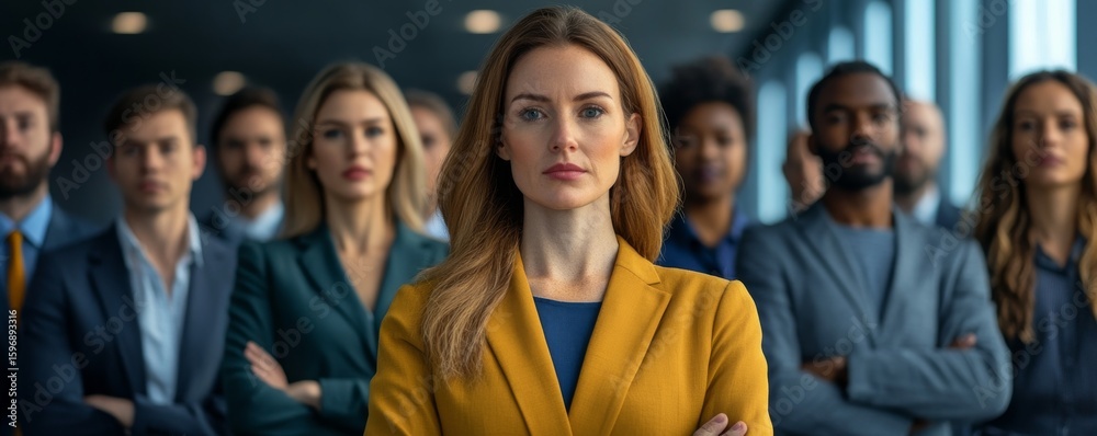 Obraz premium Diverse Business Team Confident Woman Leader in Yellow Blazer, Teamwork , Leadership