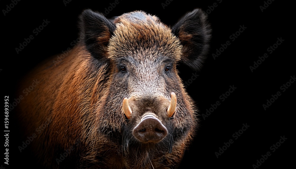 Obraz premium close up portrait of brown wild boar tusks black background wild pig portrait of pig