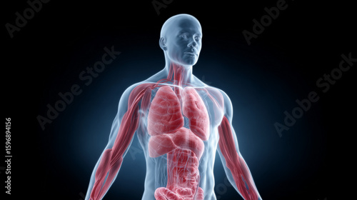 Human anatomy illustration featuring detailed internal organs in a transparent figure against a dark background
