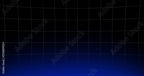video of a grid moving vertically on a black background with a blue glow at the bottom and particles coming out from below.