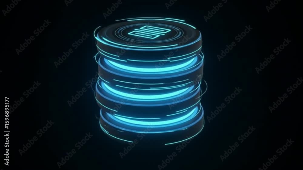 A glowing blue futuristic stack of discs with symbol on top in a dark background scene design