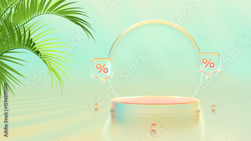 Stage podium. Hot summer sale. Discount percent. Mega sale special offer. Summer sale banner. Glass product podium with tropical palm leaves. Blue yellow pink colorful background. Vector illustration.