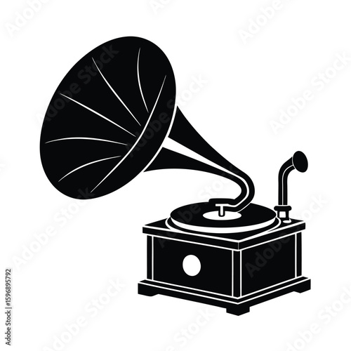 Vintage gramophone silhouette on white background