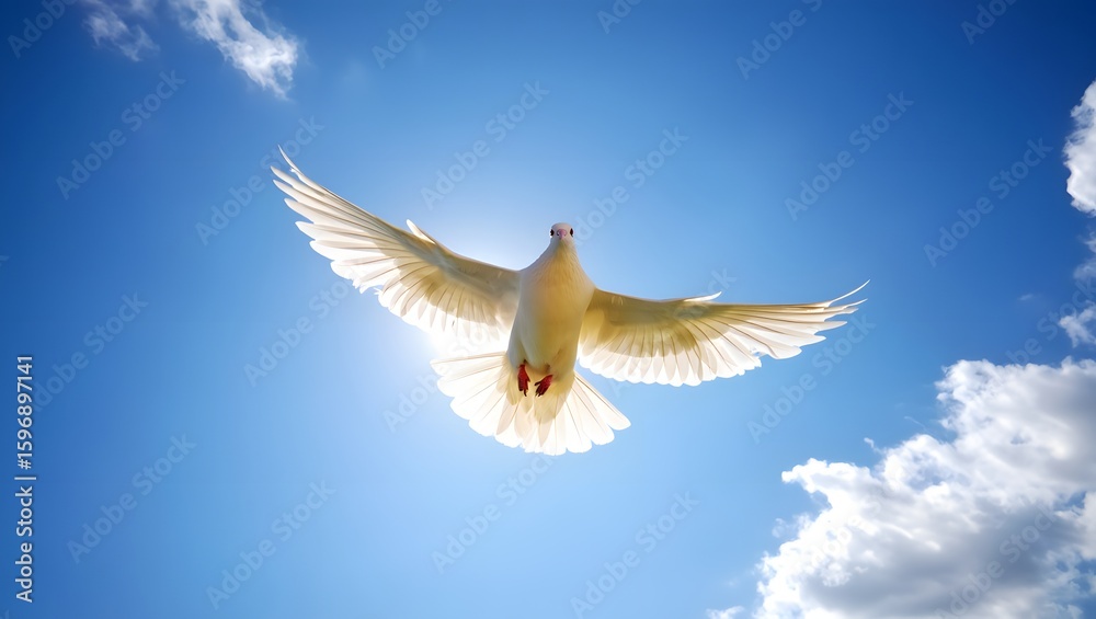 Naklejka premium White Dove Soaring Through a Bright Blue Sky with Clouds