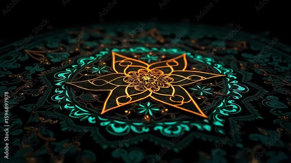 Hypnotic symmetrical pattern shifts color and form, glowing with intricate detail on dark background, a mesmerizing art piece