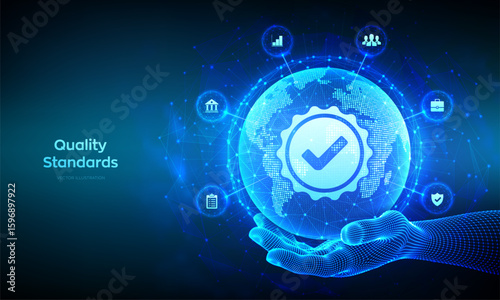 Quality. ISO standards, quality control, assurance, warranty. ISO certification and standardization concept. World map with point-line composition. Earth globe in wireframe hand. Vector illustration.