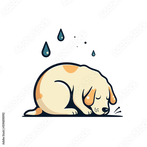 Sad cartoon dog crouching with raindrops, expressing sorrow and melancholy
