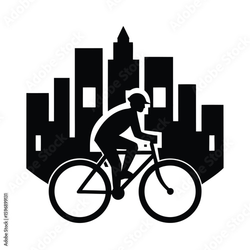 Silhouette cyclist riding bicycle in city skyline