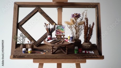 Close up of miniature art studio scene on easel with painting supplies and dried flowers display