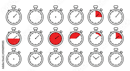 Visual Representation of Stopwatch Icons Showing Different Time Intervals and Progress Levels for Tracking and Measurement Applications
