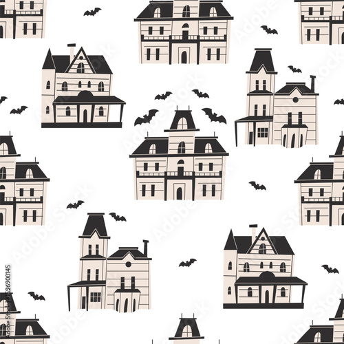 A seamless pattern with spooky gothic house. Vintage haunted mansions with black roof and beige walls. Halloween background