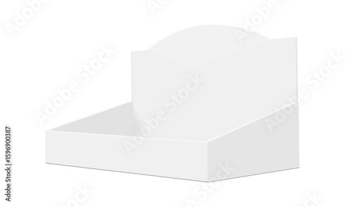 Realistic mockup of cardboard counter display box with rounded back and open front, side perspective view, isolated on a white background. Perfect for showcasing retail products