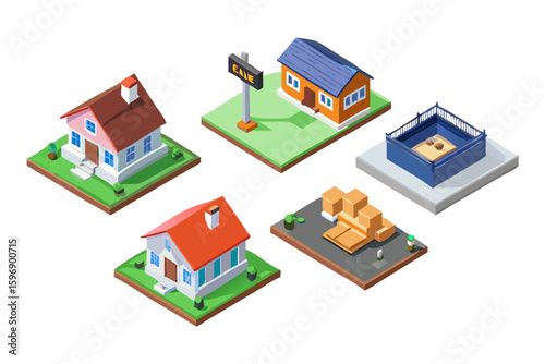 Isometric houses and construction site elements