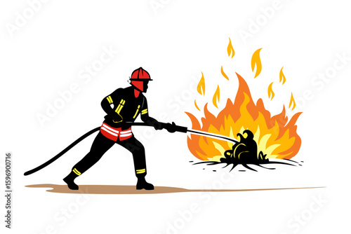 Firefighter bravely battles a large bright fire