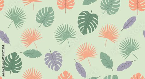 A repeating pattern of stylized tropical leaves in various pastel colors, covering a light green background.