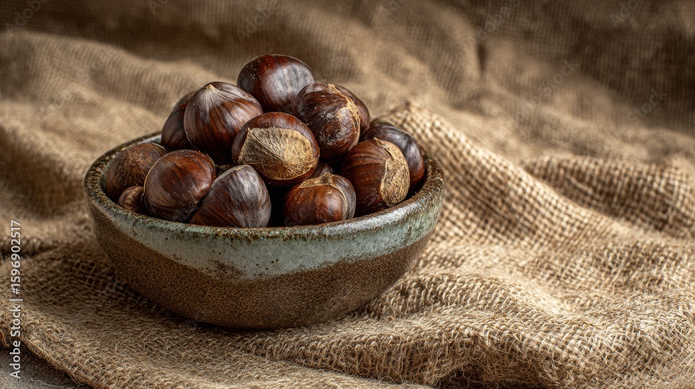 Obraz premium Roasted chestnuts in ceramic bowl on burlap cloth