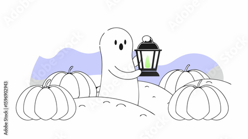 Vector art of a cute ghost holding a lantern in a pumpkin patch