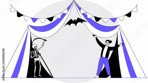 Vector art of a halloween party is happening under a spooky tent with decorations