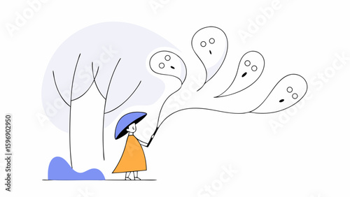 Vector art of a girl conjures ghosts with her magic wand on halloween night