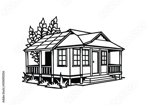 Silhouette of bungalow isolated on a white background