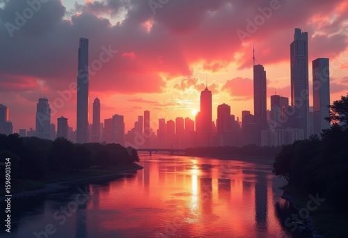 stunning modern skyline silhouettes vibrant sunset backdrop urban aesthetic peaceful evening atmosphere, city, dusk, nature, view, light, scene, landscape