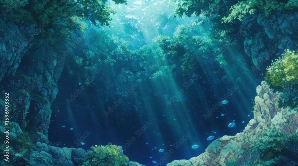 Fototapeta premium Sunlight streams through a coral reef's underwater cave.