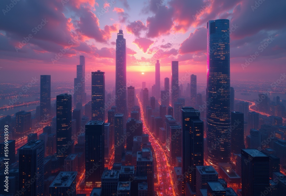 Fototapeta premium twilight city skyline vibrant colorful lights urban nightscape illuminated architecture reflection, building, evening, neon, luminous, view, panorama