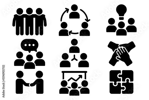 Teamwork and collaboration icons in bold silhouette style for business concepts