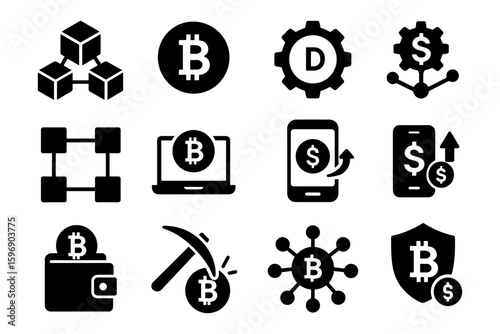 Cryptocurrency icons for blockchain and digital finance in silhouette style
