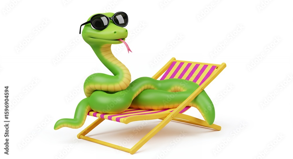 Fototapeta premium Cartoon snake relaxing in beach chair