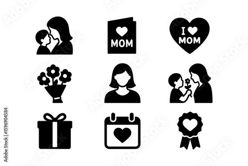 Mother's day icons set featuring family, gifts, and love symbols in silhouette style