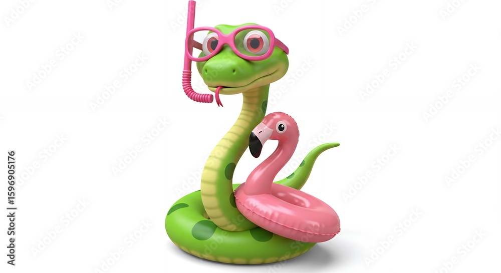 Naklejka premium Funny snake with sunglasses and inflatable flamingo