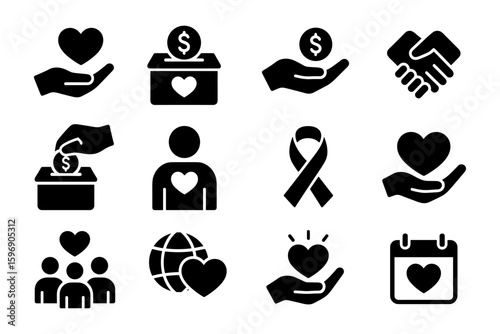 Charity and donation icons set: helping hands, hearts, and community symbols