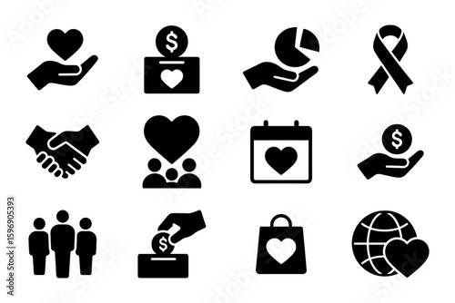 Charity and donation icons set featuring heart symbols, hand gestures, and money elements