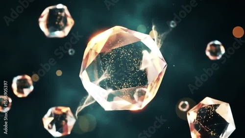 Close up shot of floating polygonal shapes with internal particles and light streaks on dark background