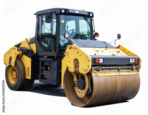 Heavy yellow road roller construction vehicle with large front drum isolated on transparent background