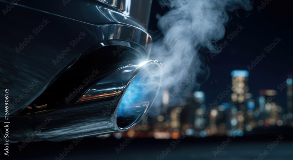 Fototapeta premium Reflective chrome tailpipes with steam rising, highlighting vehicle dynamics