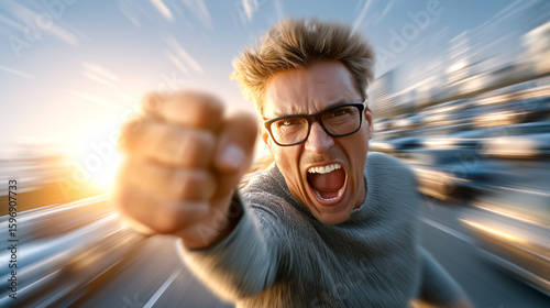Man looks angrily at camera while raising fist in frustration during evening rush hour in a bustling city. Concept of traffic stress, urban living, emotional expression