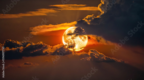 Beautiful sunrise over the desert landscape, with a bright orange and red sky, dramatic clouds, and golden sunlight illuminating the horizon