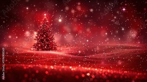 A glowing Christmas tree sparkles in deep red snowfall, creating a dreamy holiday background filled with festive magic, seasonal cheer, and winter wonder.