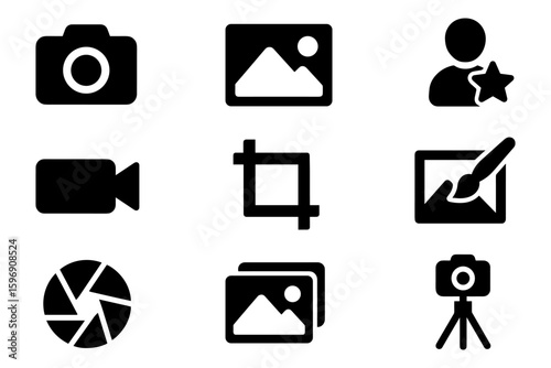 Essential icons for photography and editing: camera, photo, video, and user favorites