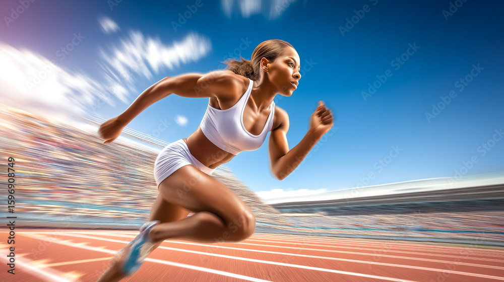 Fototapeta premium Athlete runs at full speed on outdoor track in competitive atmosphere. Bright blue sky and vibrant crowd fill the background. Concept of sports, athletics, dedication